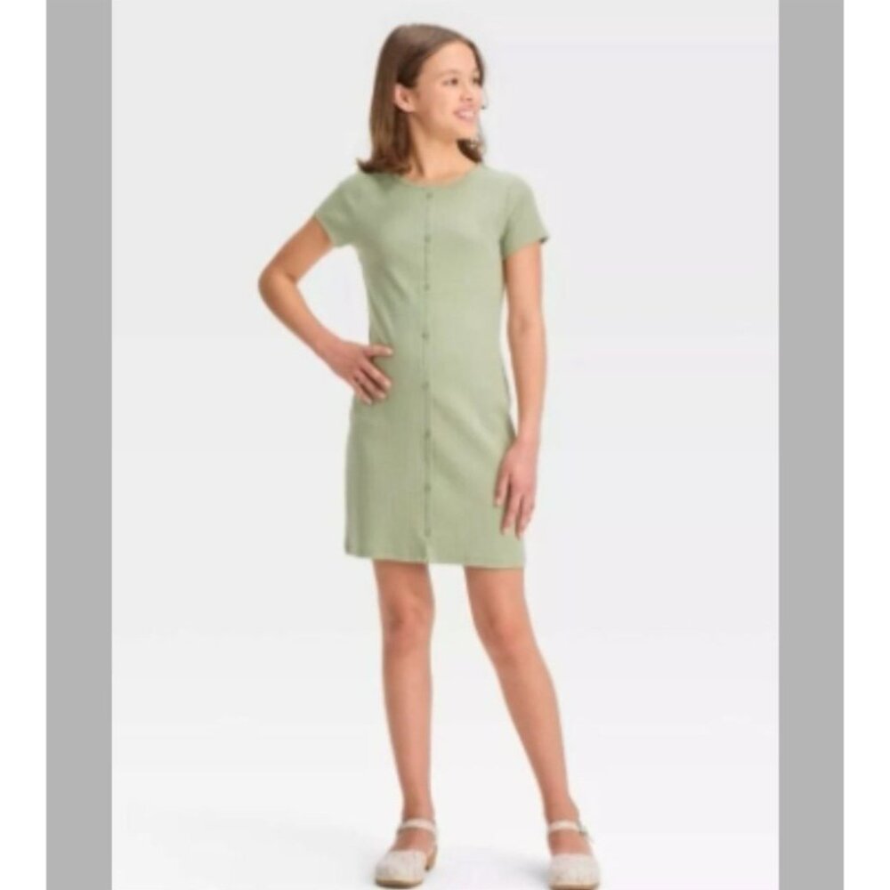 Art Class Girls Ribbed Sage Green Short Sleeve Dress Size Large School Casual